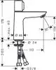 Waschtischmischer von Hansgrohe mit geradlinigem Design, inkl. beweglichem Wasserhahn. Maße und Anschlussdetails sind im technischen Zeichnungsformat dargestellt.